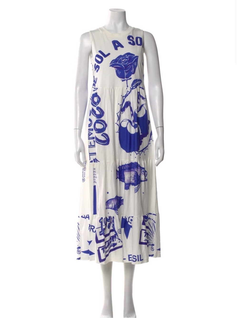 FARM Rio White Maxi Dress with Bold Cobalt Blue Graphic Print